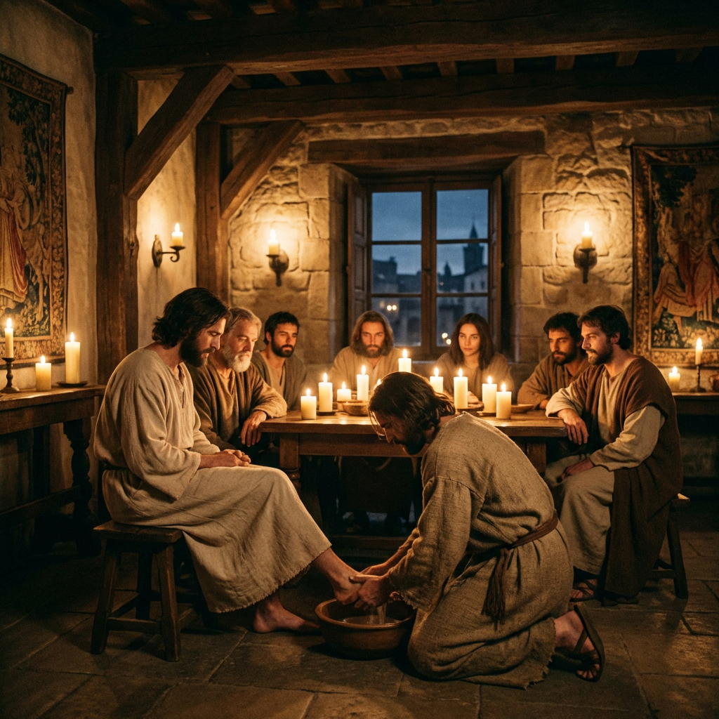A man kneels and washes another's feet by candlelight while others watch from a table.