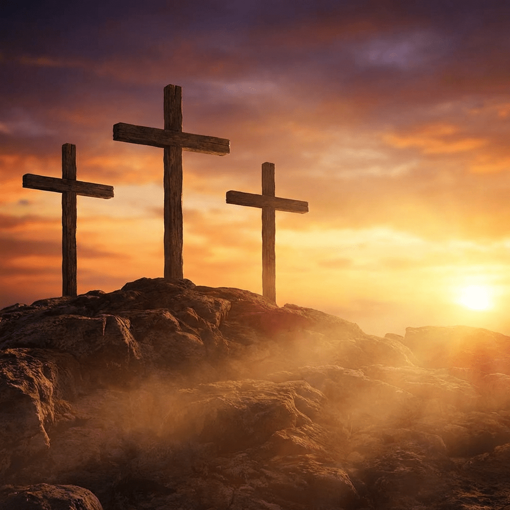 Three wooden crosses on a rocky hilltop at sunset with golden and purple skies.