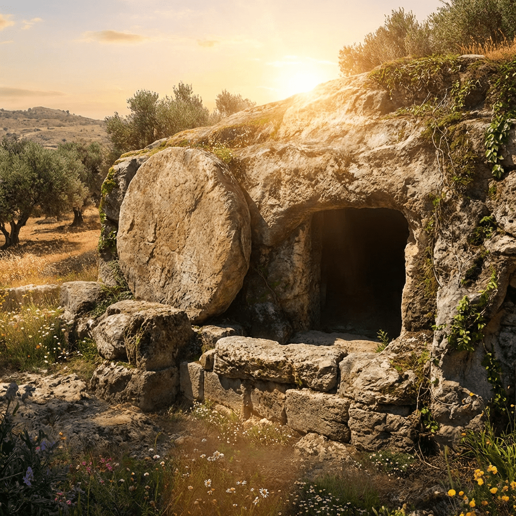 An empty tomb in a hillside with its large circular stone rolled aside at sunrise.