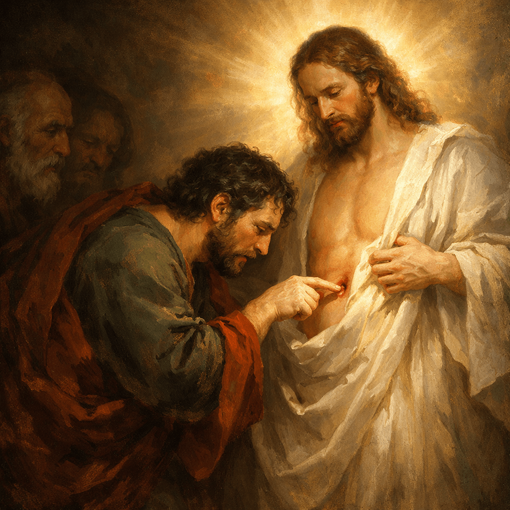 Thomas touching the wound on the resurrected Jesus' side as Jesus looks down