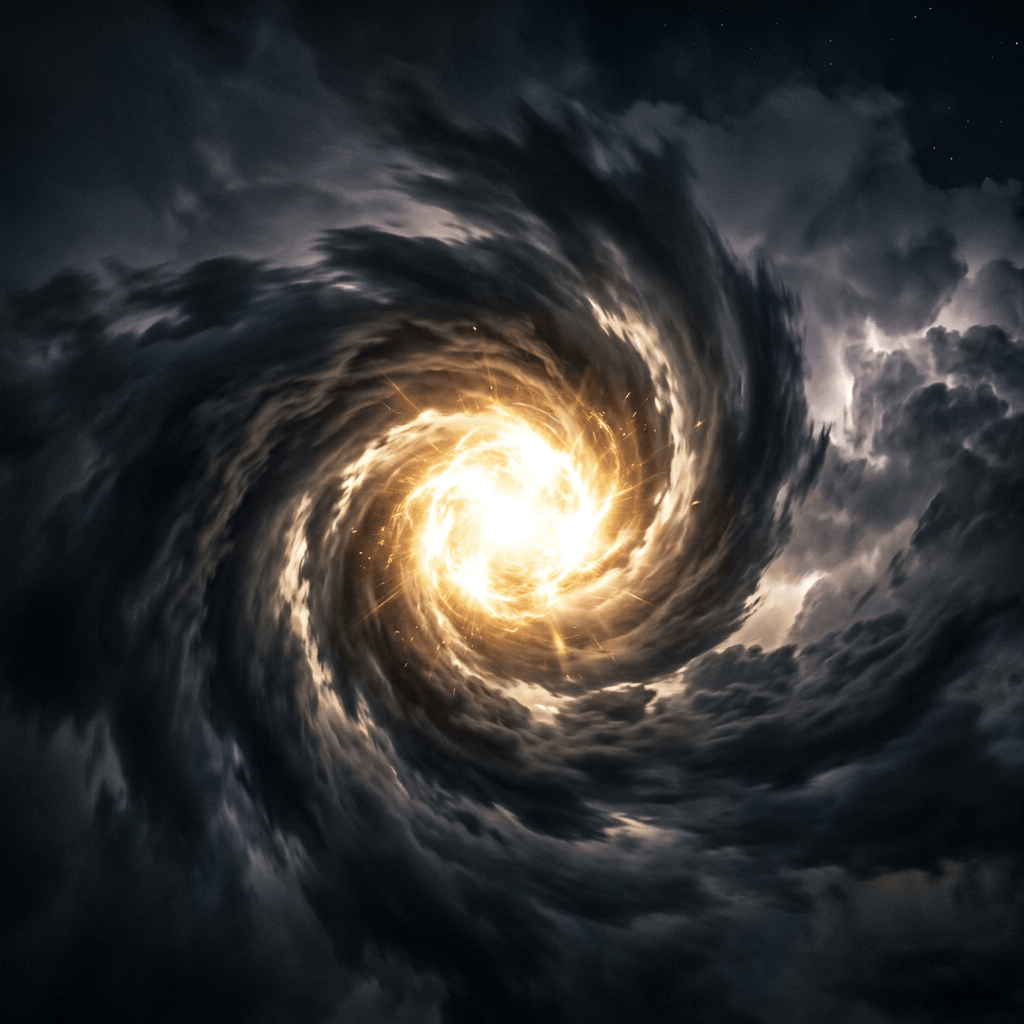 Bright spiral vortex of glowing energy swirling in dark clouds