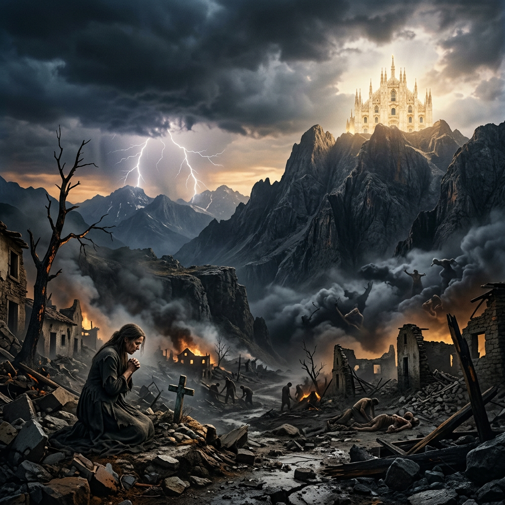 War-torn village ruins with burning fires and a glowing castle on a mountain
