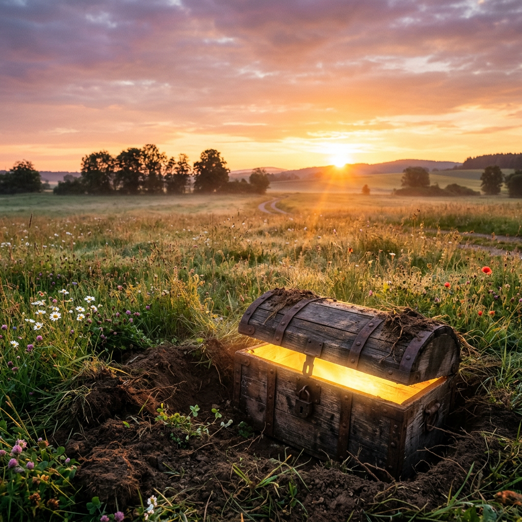 Wooden treasure chest glowing with light in a grassy field at sunrise