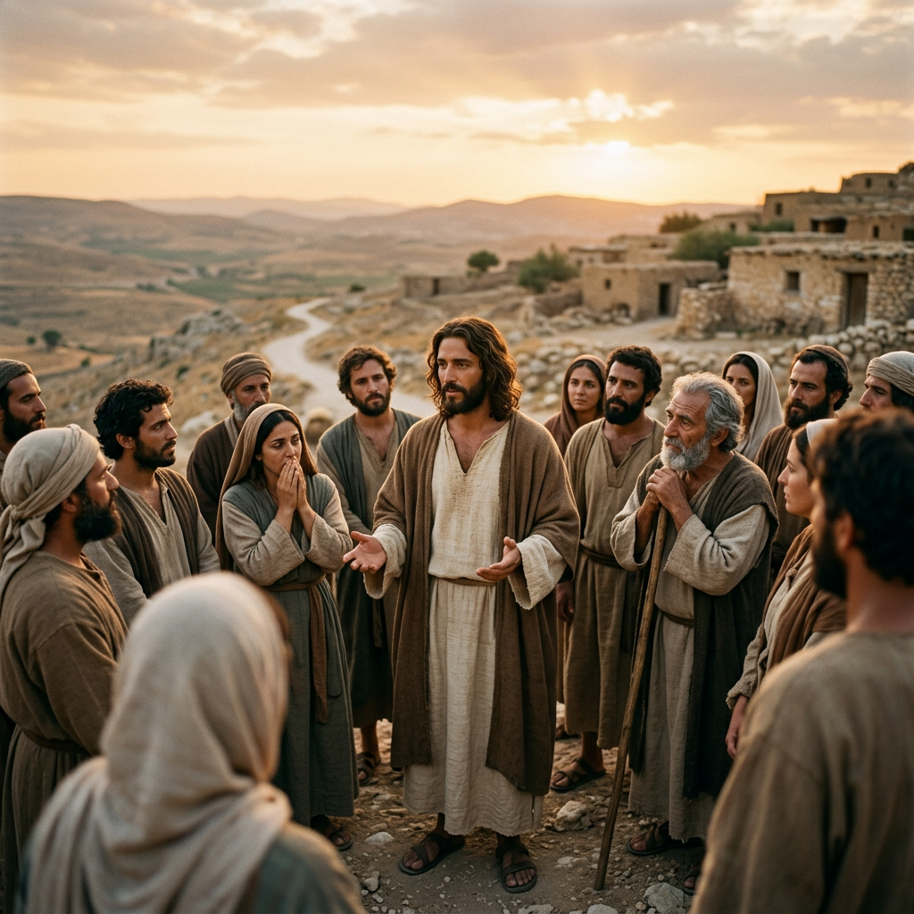 Bearded teacher speaking to villagers in an ancient hillside settlement