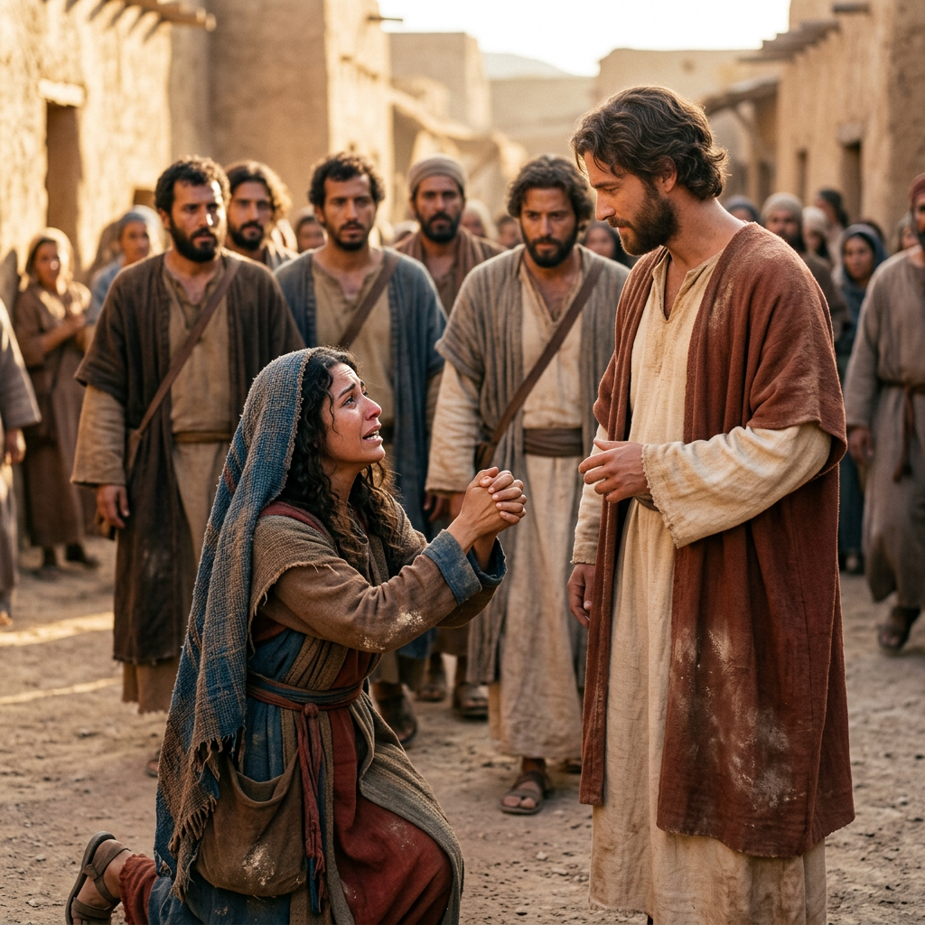 Kneeling woman reaches toward Jesus in a crowded ancient town