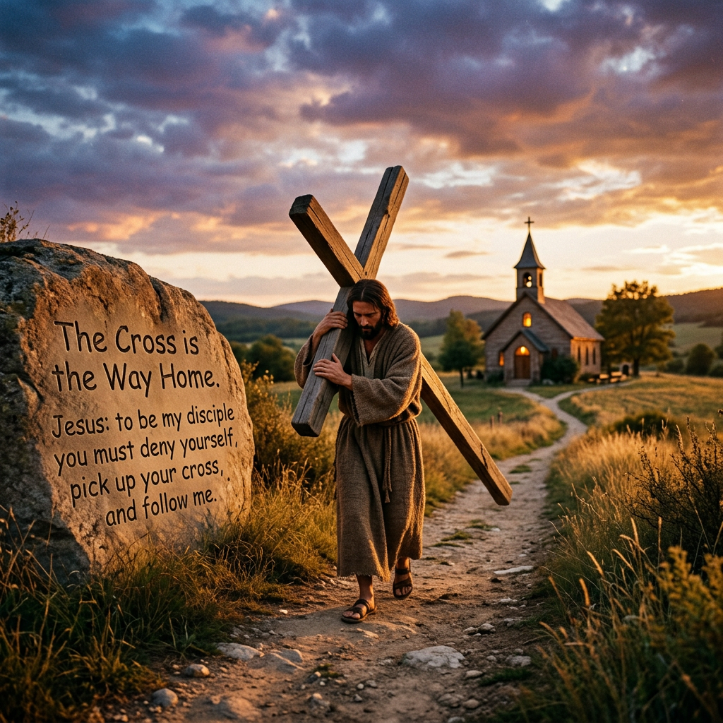 Jesus carrying a cross; text reads, "The Cross is the Way Home. Jesus: to be my disciple you must deny yourself, pick up your cross, and follow me."