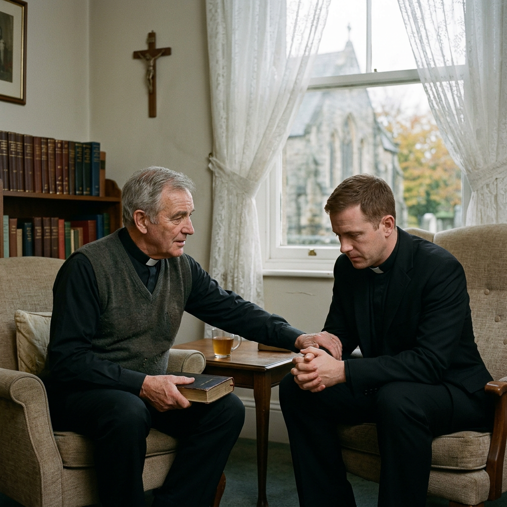 Two priests sit together in a study, one holding a Bible and comforting the other.