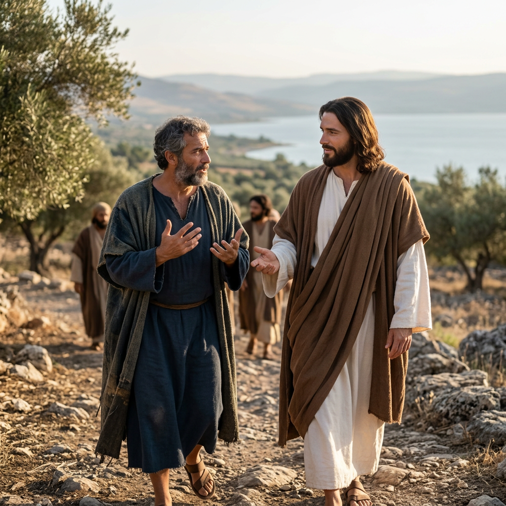 Two robed men converse while walking along a rocky lakeshore
