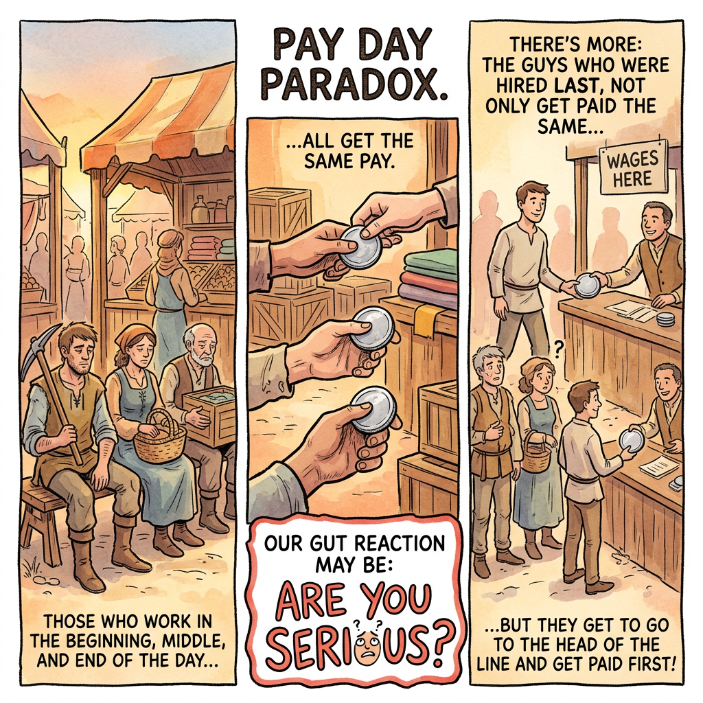 Three-panel comic titled “PAY DAY PARADOX” showing workers paid equally, with later hires paid first; text reads “WAGES HERE,” “ARE YOU SERIOUS?,” and “BUT THEY GET TO GO TO THE HEAD OF THE LINE AND GET PAID FIRST!”