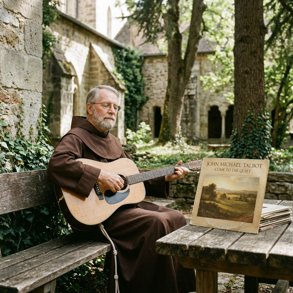 Monk playing guitar beside album labeled John Michael Talbot Come to the Quiet