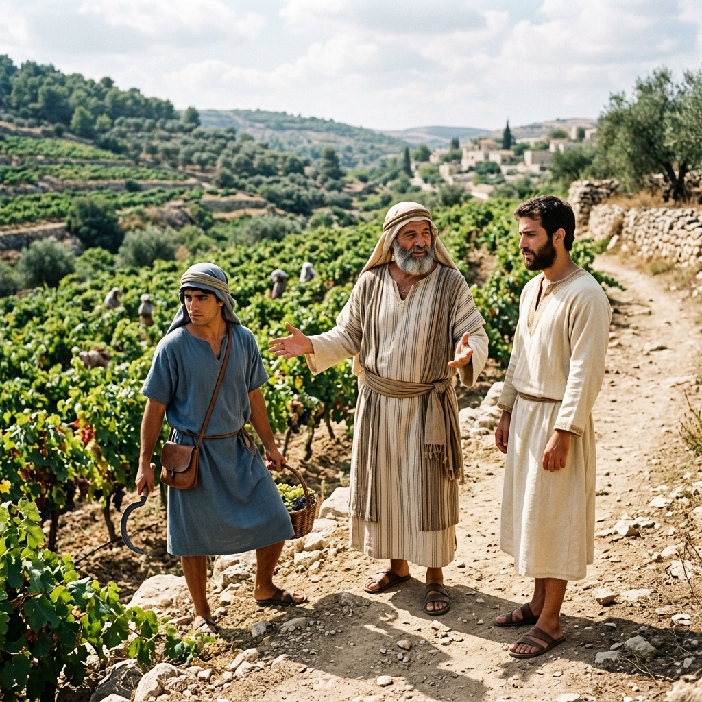 Three men in robes talking beside a grape harvest in a vineyard