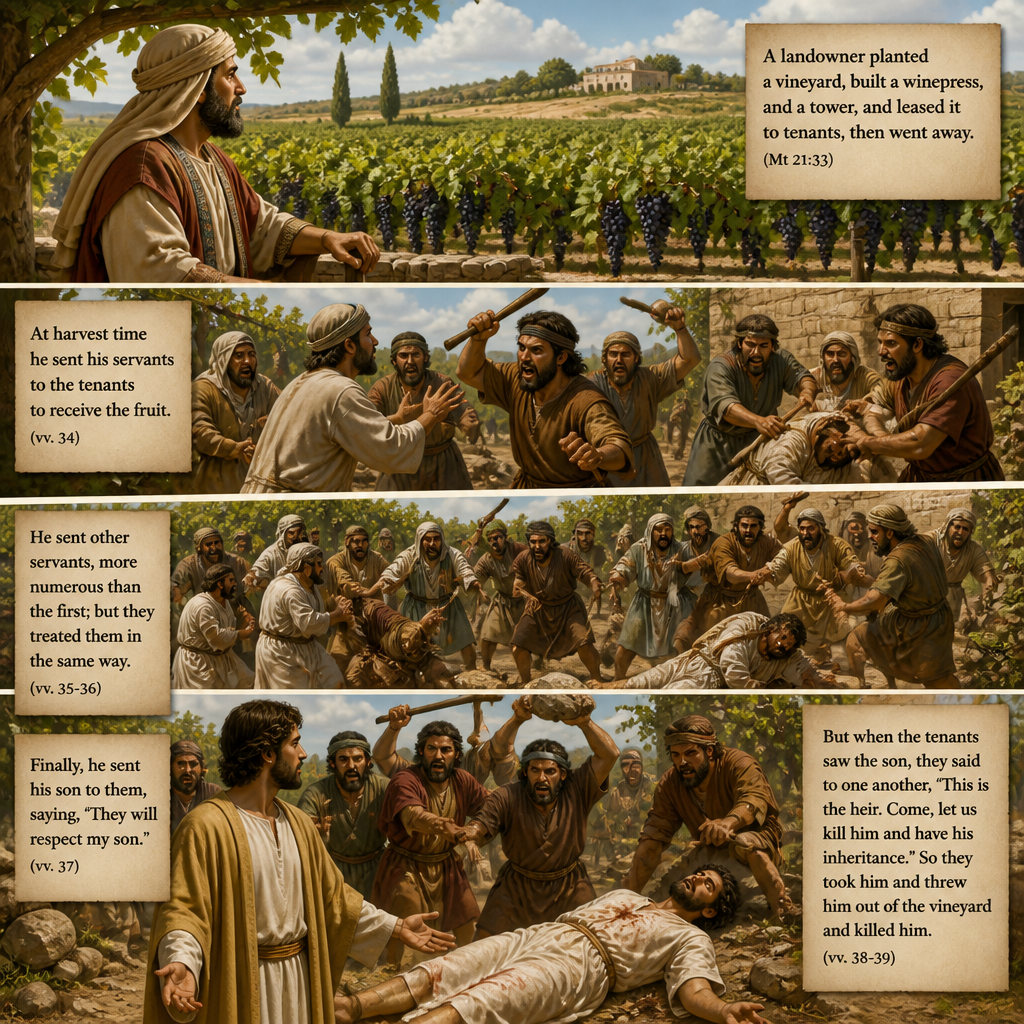 Four-panel biblical vineyard illustration with text: “A landowner planted a vineyard, built a winepress, and a tower, and leased it to tenants, then went away. (Mt 21:33)”; “At harvest time he sent his servants to the tenants to receive the fruit. (vv. 34)”; “He sent other servants, more numerous than the first; but they treated them in the same way. (vv. 35-36)”; “Finally, he sent his son to them, saying, ‘They will respect my son.’ (vv. 37)”; “But when the tenants saw the son, they said to one another, ‘This is the heir. Come, let us kill him and have his inheritance.’ So they took him and threw him out of the vineyard and killed him. (vv. 38-39).”